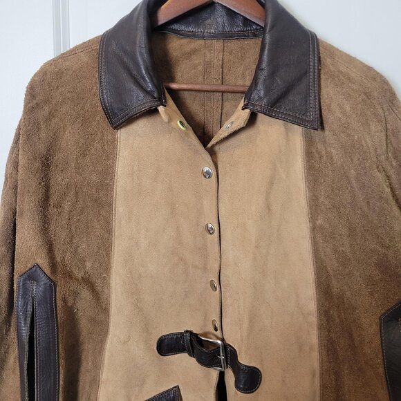 Authentic 60s 70s Vtg Two-Tone Suede Leather Belted Poncho Bolero Jacket - Picture 3 of 8